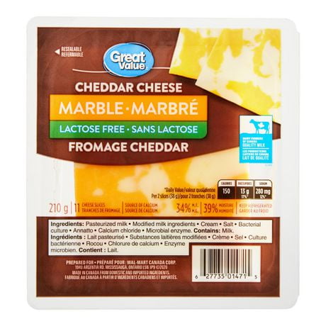 Great Value Lactose Free Marble Cheddar Cheese Slices, 210 g/11 Cheese slices