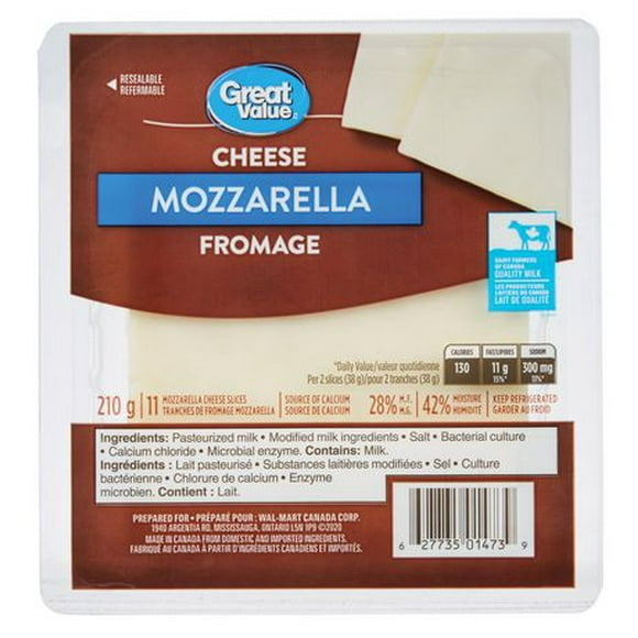 Great Value Mozzarella Cheese Slices, 210 g, 11 slices