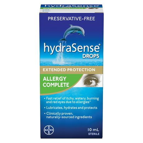 hydraSense Allergies formule complète – Gouttes oculaires sans agent de conservation contre les symptômes de sécheresse oculaire et d’allergie 10 ml