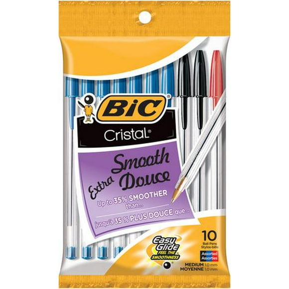 Stylos-Bille assortis BIC Cristal Extra Smooth, pointe moyenne (1,0 mm), paquet de 10 stylos, stylos à billes Extra Confort et Fiabilité. Paq. de 10