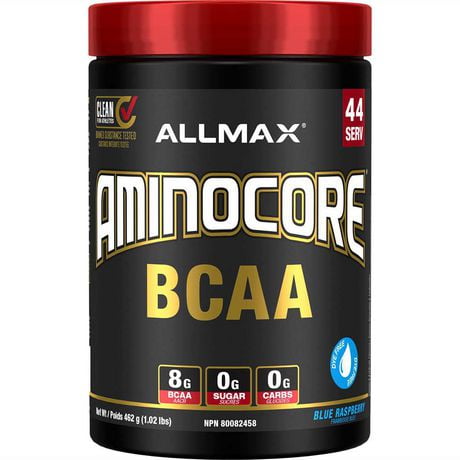 Aminocore BCAA - 8 g BCAA - 100 % acides aminés à chaîne ramifiée pure - Sans gluten - Framboise bleue - 462 g Soutien musculaire intra-entraînement<br>Stimule instantanément la croissance musculaire de 350&nbsp;%<br>Sans agents de remplissage, sans acides aminés sans BCAA et sans sucre