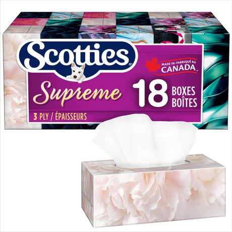 Papiers-mouchoirs doux et résistants Scotties Supreme 3 épaisseurs, hypoallergéniques et testés par les dermatologues, 18 boîtes, 81 papiers-mouchoirs par boîte 18 boîtes, 81 papiers-mouchoirs par boîte