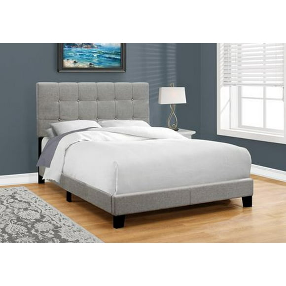 Monarch Specialties Bed, Full Size, Platform, Bedroom, Frame, Upholstered, Linen Look, Wood Legs, Grey, Transitional