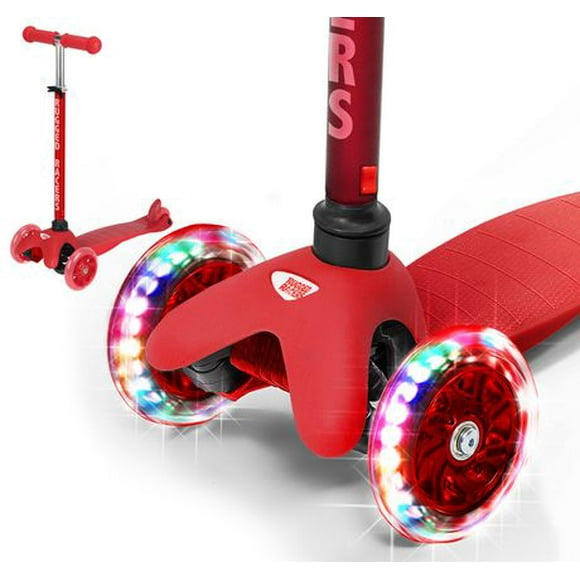 Rugged Racer Mini Deluxe 3 Wheel Kick Scooter with Led and Adjustable Height with Red Design