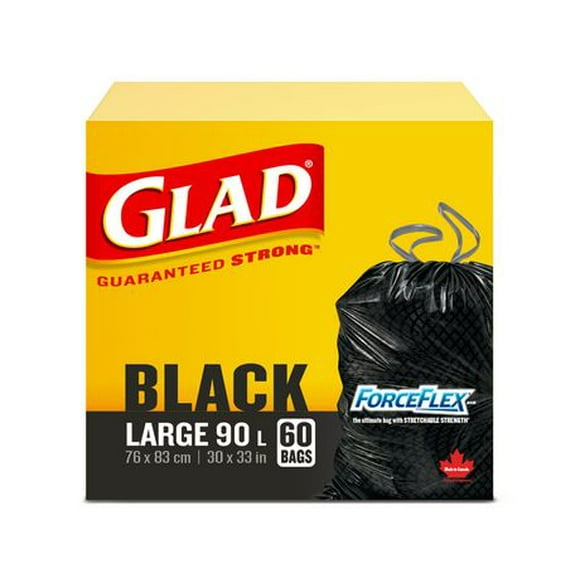 Glad Black Garbage Bags - Large 90 Litres - ForceFlex, Drawstring,  60 Trash Bags, Guaranteed Strong