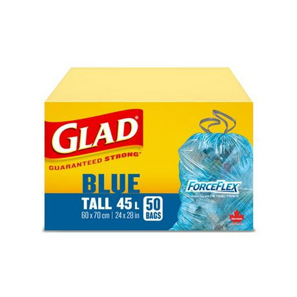 50 sacs bleus longs ForceFlex de Glad pour la récupération d’une capacité de 45 L Garantis  résistants