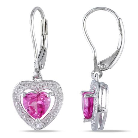 Boucles d'oreilles Tangelo en forme de cœur avec 2 carat de saphir rose synthétique et diamant en argent sterling