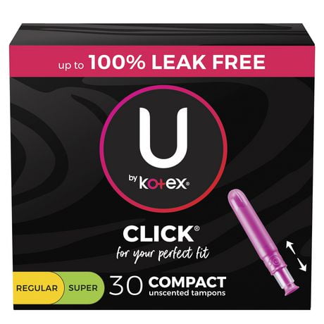 U by Kotex Click Compact Multipack Tampons, Regular/Super, Unscented, 30 Count, 30 Count