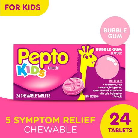 Pepto Kid's Bubblegum Flavor Chewable Tablets for Heartburn, Acid Indigestion, Sour Stomach, and Upset Stomach, 24 Chewable Tablets