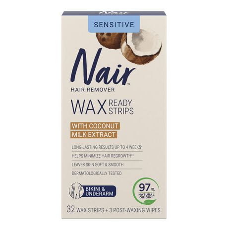 Nair Wax Ready Strips for Sensitive Skin with Coconut Milk Oil, 32 Wax strips + 3 Wipes