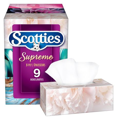 Papiers-mouchoirs doux et résistants Scotties Supreme 3 épaisseurs, hypoallergéniques et testés par les dermatologues, 9 boîtes, 81 papiers-mouchoirs par boîte 9 boîtes, 81 papiers-mouchoirs par boîte