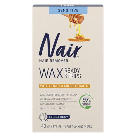 Nair Wax Ready Strips for Sensitive Skin with Milk & Honey, 40 strips, 4 post-wipes