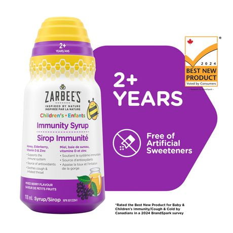 Zarbee's Sirop Immunité pour enfants, zinc, miel, baie de sureau, vitamine D, système immunitaire + antioxydants 118 ml