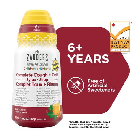 Zarbee's Sirop Complet Toux + Rhume pour enfants, zinc, miel, curcuma, racine de guimauve, vitamines B, feuille de lierre 118 ml