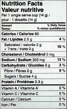 Tim Hortons Nutrition Chart