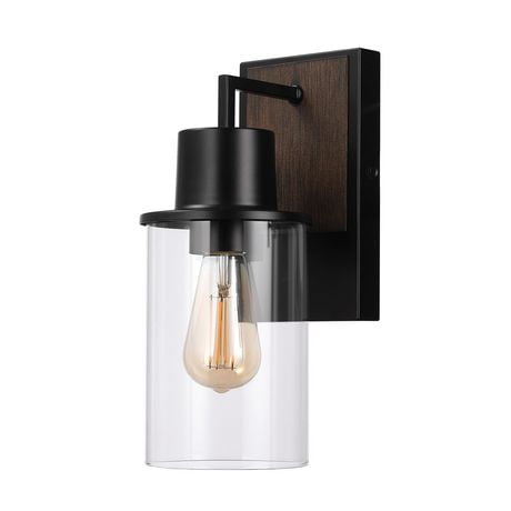 1-Light Matte Black and Faux Wood Outdoor Wall Sconce with Clear Glass Shade<br>
