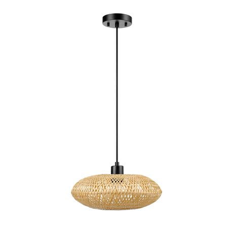 Luminaire suspendu noir mat à 1 ampoule avec abat-jour en bambou blond