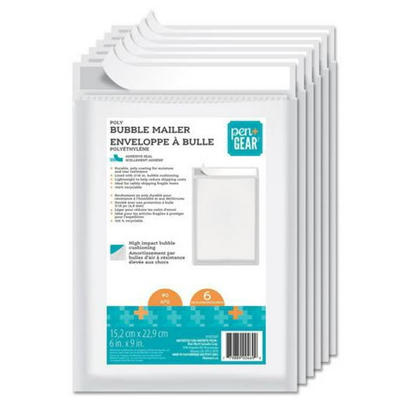 Pen+Gear Poly Bubble Mailer #0, 6 in. x 9 in., Pack of 6