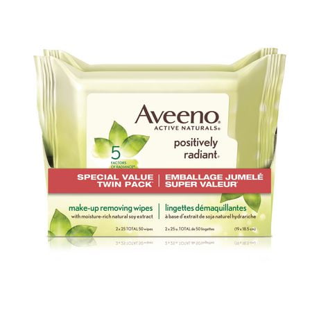 Aveeno Positively Radiant Makeup Removing Wipes, 2 x 25 Wipes Each