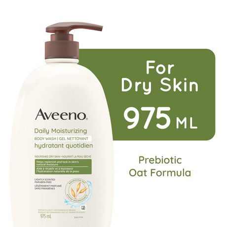 Aveeno Daily Moisturizing Body Wash, Dry Skin Care, Gentle Cleanser, Oat, Emollient, Shower Product, Lightly Scented, 975 mL