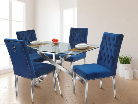 K Living Bella 5pcs Dining Set With 60, Glass Dining Table With Blue Velvet Chairs