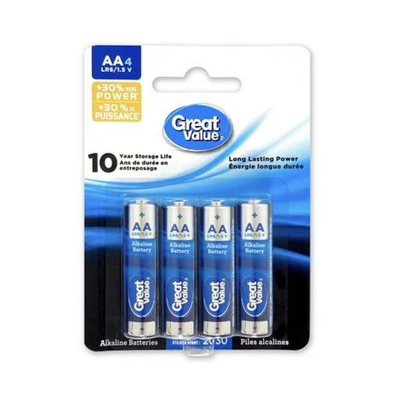AA Great Value Alkaline Batteries - 4 Pack, Pack of 4 batteries