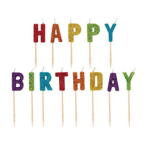 Rainbow Glitter "Happy Birthday" Letter Pick Birthday Candles, Each letter measures approximately 0.5" x 0.25" x 2.5" (W x D x H)