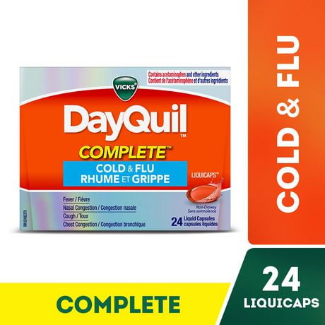 Vicks DayQuil COMPLETE Cold and Flu Medicine, Daytime, Non-Drowsy relief for Cough, Fever, Sore Throat Pain, Sinus congestion, Sinus Pain, Chest Congestion, 24 LiquiCaps