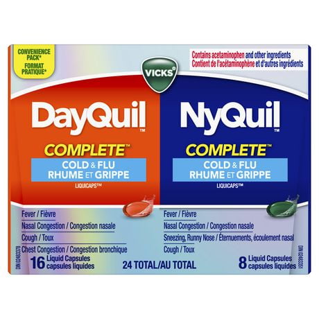 Vicks DayQuil and NyQuil COMPLETE Cold, Flu and Congestion Medicine, Relieves Cough, Sore Throat Pain, Fever, Runny Nose, Congestion, 24 LiquiCaps