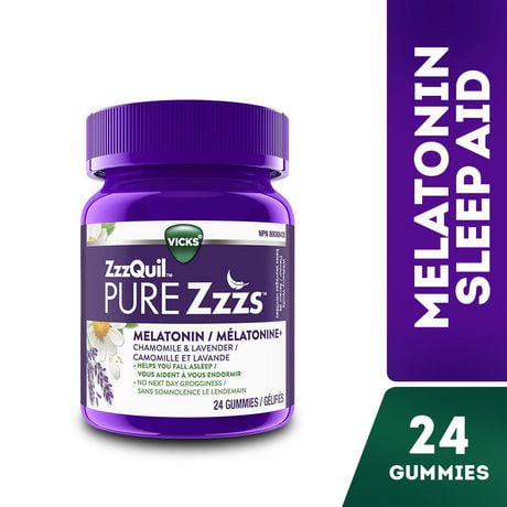 Vicks ZzzQuil PURE Zzzs Melatonin Sleep Aid Gummies with Chamomile, Lavender, & Valerian Root, 1mg per gummy, 24 Count