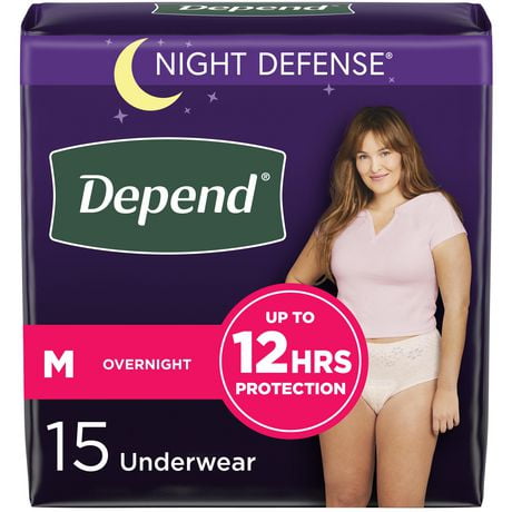 Sous-vêtements d’incontinence pour adultes Depend Night Defense pour femmes, jetables, de nuit, moyen, roses 15 Unités