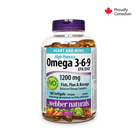 Webber Naturals® Omega 3-6-9 High Potency<br>1200 mg · Fish, Flax & Borage, 180 Clear Enteric Softgels