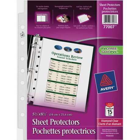 Avery® Mini Diamond Clear Heavyweight Sheet Protectors 77007, 5-1/2" x 8-1/2", Acid Free, Bag of 15