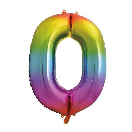 Rainbow Foil Balloon, Number 0 Shaped, 34", Reusable, Helium Quality