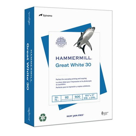 Papier d'imprimante recyclé Great White 30% Hammermill 8,5" x 11", 20lb, 1 rame