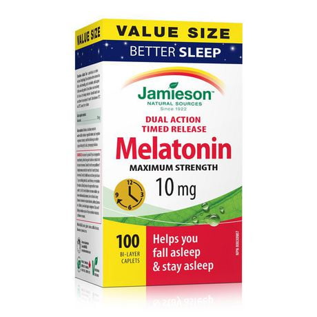 Jamieson Maximum Strength Dual-Action Timed Release Melatonin 10 mg Value Size, 100 bi-layer caplets