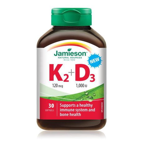 Jamieson Vitamin K2 120 mcg Plus Vitamin D3 1,000 IU Tablets, 30 softgels
