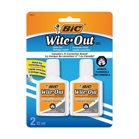 BIC Wite-Out Brand Quick Dry Correction Fluid, 22mL, White, Goes On Easy With A Reduced Dry Time, 2-Count, 2 Pack
