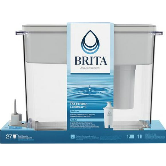 Très grand distributeur d’eau filtrée Brita® d’une capacité de 27 tasses avec 1 filtre standard, sans BPA, modèle Ultramax gris De très grande capacité