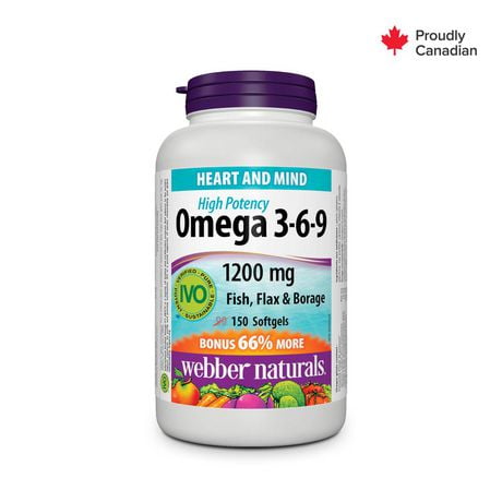 Webber Naturals Oméga 3-6-9 forte concentration Poisson, lin et bourrache, 1 200 mg 90 + 60 gélules, PRIME !