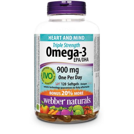 Webber Naturals® Triple Strength Omega-3, 900 mg EPA/DHA, 120 Clear Enteric Softgels, BONUS!