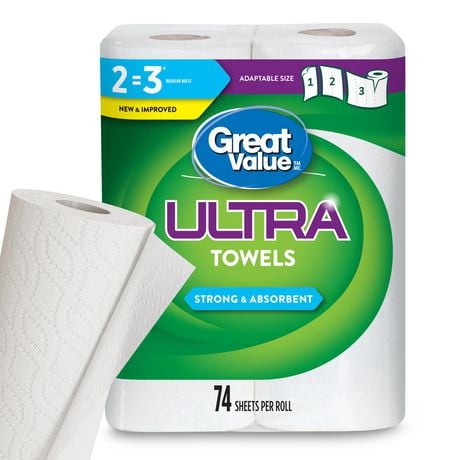 Great Value Ultra Paper Towels, 2 Equal 3 Rolls, 74 Sheets/roll, 2-ply, 74 Sheets/roll