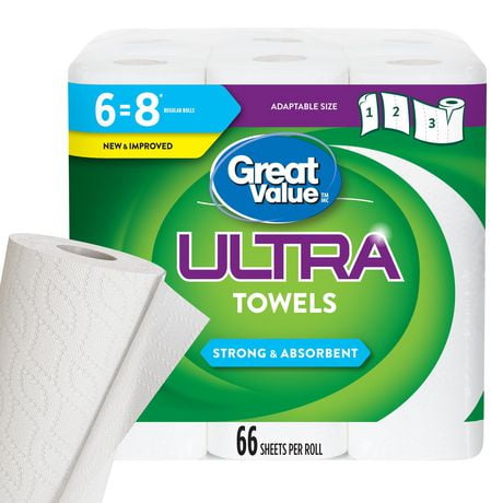 Great Value Ultra Paper Towels, 6 Equal 8 Rolls, 66 Sheets/roll, 2-ply, 66 Sheets/roll