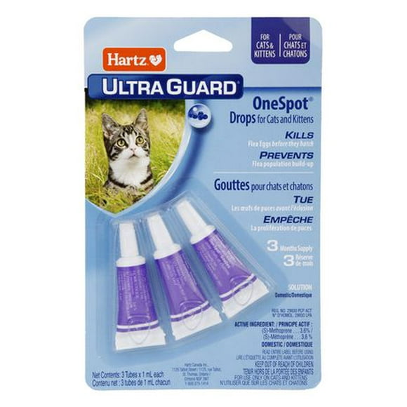 Hartz Ultraguard One Spot Drops for Cats And Kittens, Kills and prevents flea eggs and flea larvae. Repeat monthly.  Do not use on kittens less than 12 weeks old.