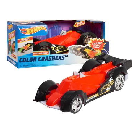 Hot Wheels Color Crashers Hi-Tech Missile Vehicle, 10-Inch Red Motorized Toy Car with Lights and Realistic Racing Sounds