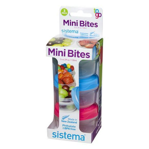 Rubbermaid Sistema Small Mini Bites Snack Containers, 3 Count, 130ml, Assorted Colors, Set of 3