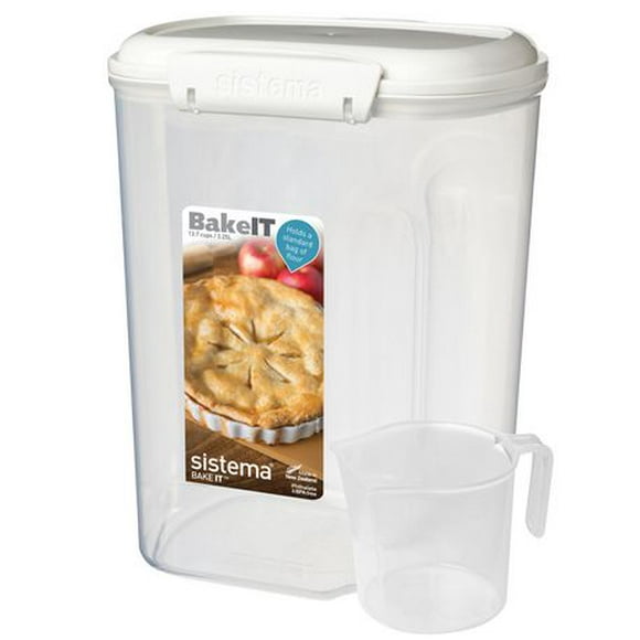Sistema Bake IT Sugar Storage Container with Measuring Cup, 13.7 Cup/3.25 L, Clear/White, 3.25L Clear/White