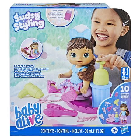 Baby Alive shampoing, avec chaise de coiffure pour poupée, accessoires, liquide à bulles, cheveux bruns