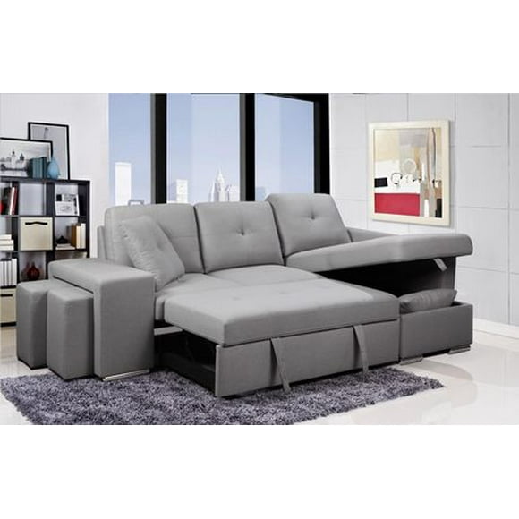 K-Living George Sectional Sofa Bed in Grey Fabric with Matching Pillows and Cube Ottomans