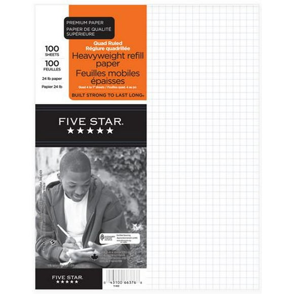 Five Star® Heavy Weight Refill Paper, Quad Ruled, Five Star Heavy Weight Refill Paper, Quad Ruled 4 to 1"100 Sheets
